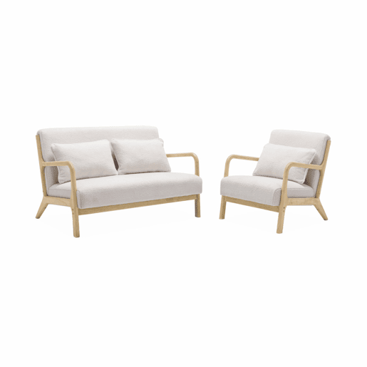 Banco escandinavo de 2 lugares em madeira e tecido boucle, Lorens boucle, Creme, 124x83x77 cm