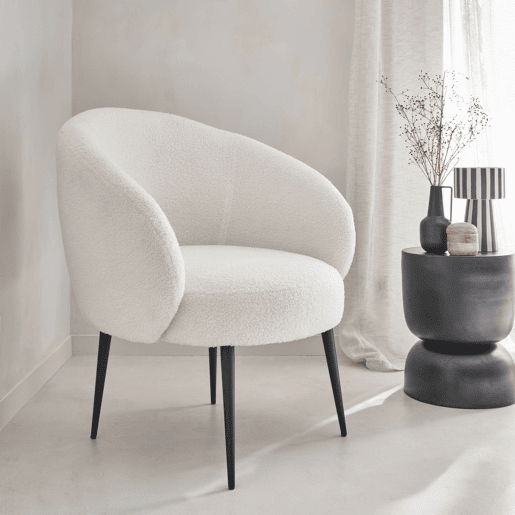Poltrona aconchegante com design de metal e cachos, Hima, Creme, 74x72x80.5 cm