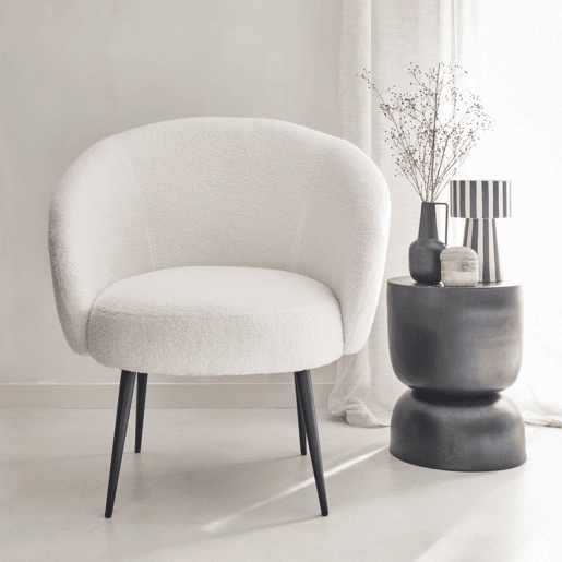 Poltrona aconchegante com design de metal e cachos, Hima, Creme, 74x72x80.5 cm