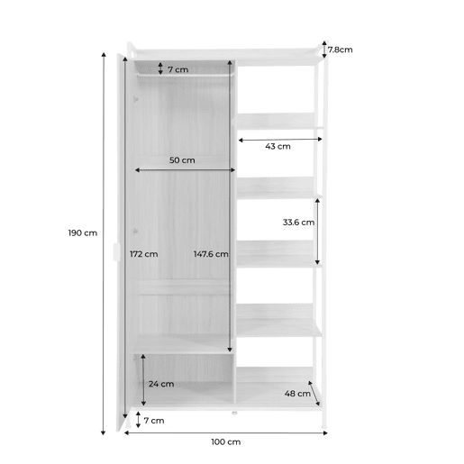 Módulo de roupeiro com 1 roupeiro, 6 prateleiras e 1 porta, Clever, Branco, 100x48x190 cm