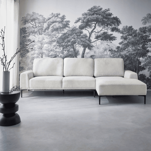 Sofá de 3 lugares em tecido e metal, canto direito, Atlanta, Creme, 134x260x84 cm
