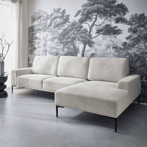 Sofá de 3 lugares em tecido e metal, canto direito, Atlanta, Creme, 134x260x84 cm
