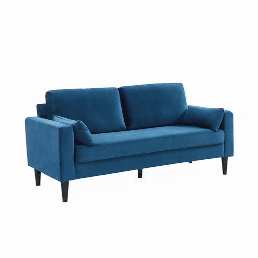 Sofá de veludo liso com pernas em madeira de hevea, 3 lugares, Bjorn veludo, Azul, 180x82x70 cm
