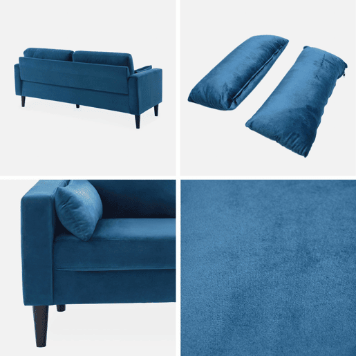 Sofá de veludo liso com pernas em madeira de hevea, 3 lugares, Bjorn veludo, Azul, 180x82x70 cm