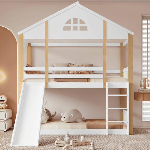 Beliche,cama-casa de madeira maciça 90x200cm,branco+natural Beliche,cama-casa de madeira maciça 90x200cm,branco+natural