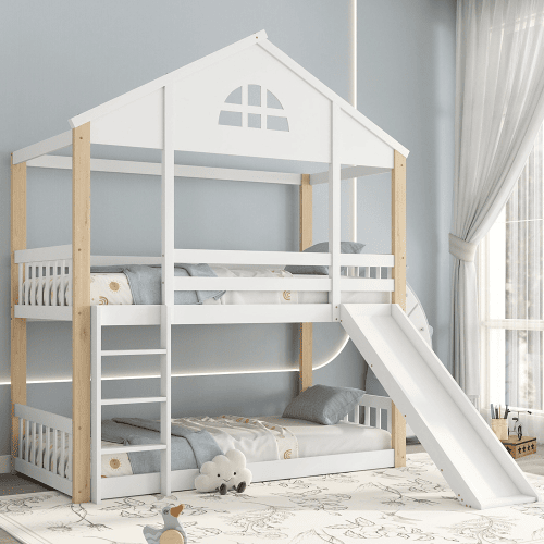 Beliche,cama-casa de madeira maciça 90x200cm,branco+natural Beliche,cama-casa de madeira maciça 90x200cm,branco+natural