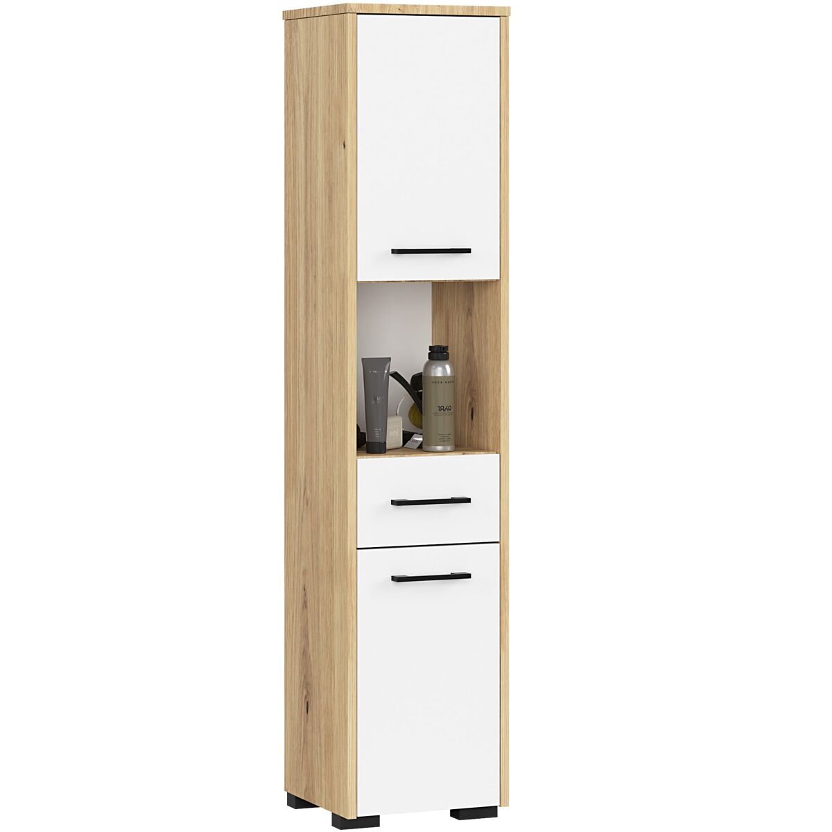Columna de baño akord fin roble artisan 30 cm 2 puertas 1 cajón frente en color blanco 5 estantes 30x30x140 cm