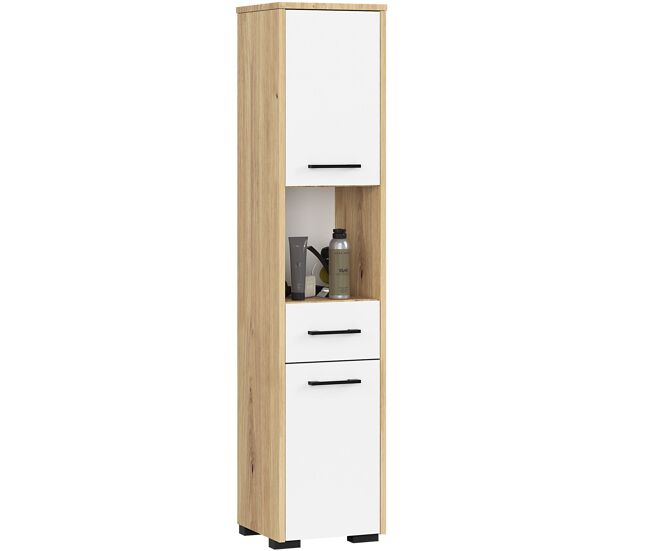 Columna de baño akord fin roble artisan 30 cm 2 puertas 1 cajón frente en color blanco 5 estantes 30x30x140 cm