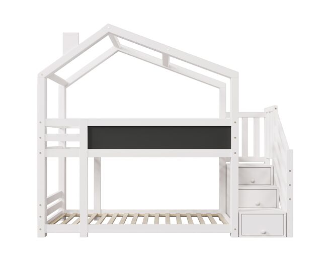 Litera cabina de 90x200 cm de madera maciza - con escalera de almacenamiento(2 cajones) y pizarra - blanco