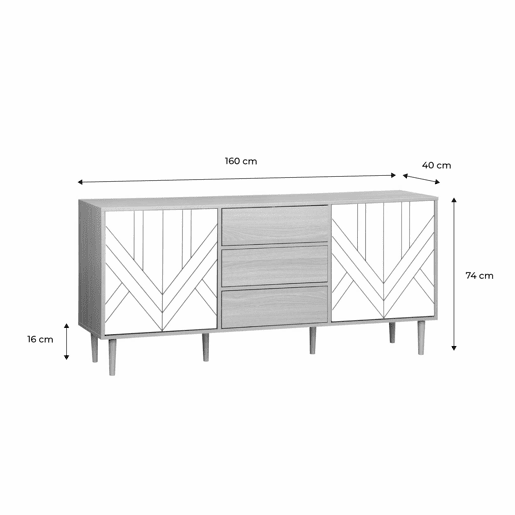 Aparador com efeito de madeira de 2 portas, 160cm, Mika, Branco, 160x40x74 cm