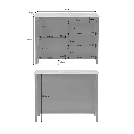 Ilha de cozinha 3 em 1, 5 prateleiras, 1 porta, 1 gaveta, Molene, Preto, 120x75x90 cm