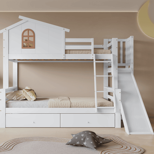Beliche,cama-casa de madeira maciça 90x200(120x200)cm com 2 gavetas,branco Beliche,cama-casa de madeira maciça 90x200(120x200)cm com 2 gavetas,branco