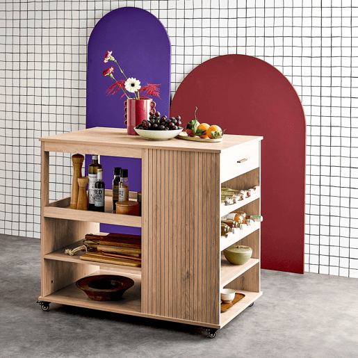 Carrinho de cozinha com suporte para garrafas, 100cm, Batz, Natural, 100x60x89 cm