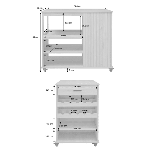 Carrinho de cozinha com suporte para garrafas, 100cm, Batz, Natural, 100x60x89 cm