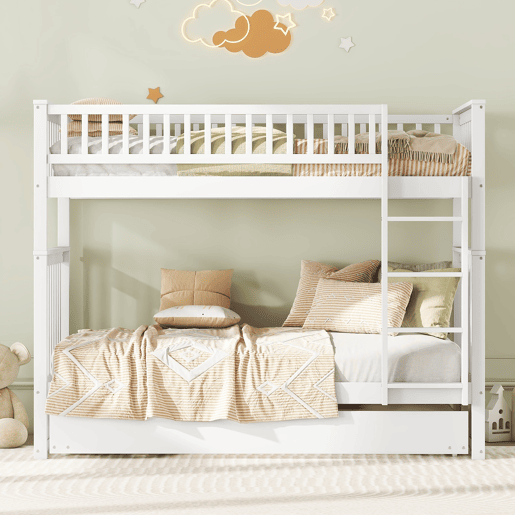 Beliche 2x90x200cm com cama de rodízio 90x190cm - com corrimão e escada - Branco