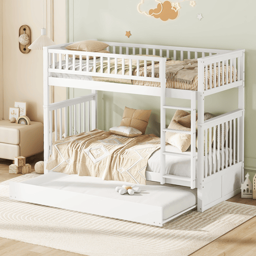 Beliche 2x90x200cm com cama de rodízio 90x190cm - com corrimão e escada - Branco