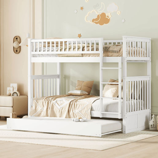 Beliche 2x90x200cm com cama de rodízio 90x190cm - com corrimão e escada - Branco