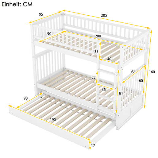 Beliche 2x90x200cm com cama de rodízio 90x190cm - com corrimão e escada - Branco