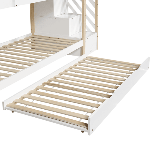 Beliche 90x200cm + cama de rodízio 90x190cm - cama de rodízio para crianças com escada para arrumação - madeira maciça - Branco