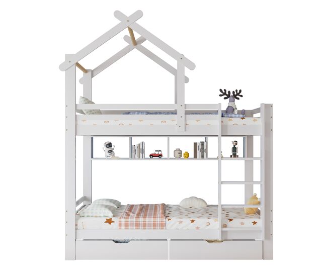 Litera cabaña infantil de madera de pino 90x200cm con 2 cajones,blanco