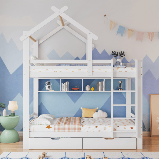 Beliche de madeira de pinho 90x200cm com 2 gavetas,branco
