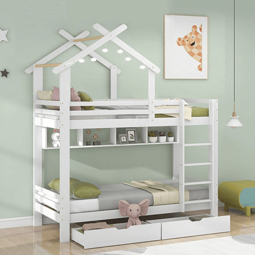 Beliche de madeira de pinho 90x200cm com 2 gavetas,branco
