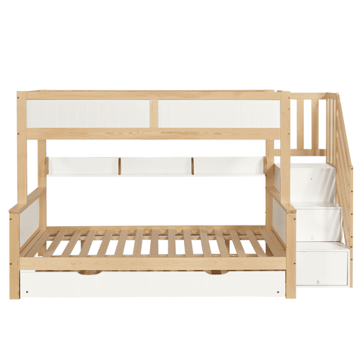 Beliche 90x200cm + 120x200cm + cama de rodízio 90x190cm - com prateleiras, roupeiro e escada de arrumação - em madeira de pinho e MDF - Branco e Natural