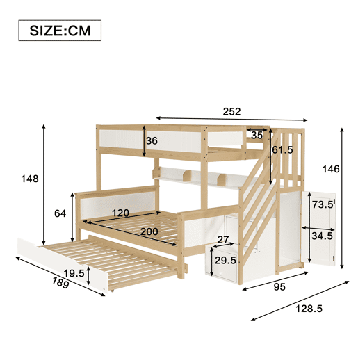 Beliche 90x200cm + 120x200cm + cama de rodízio 90x190cm - com prateleiras, roupeiro e escada de arrumação - em madeira de pinho e MDF - Branco e Natural