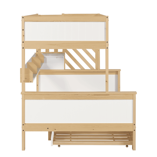 Beliche 90x200cm + 120x200cm + cama de rodízio 90x190cm - com prateleiras, roupeiro e escada de arrumação - em madeira de pinho e MDF - Branco e Natural