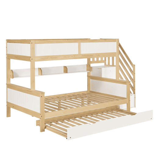 Beliche 90x200cm + 120x200cm + cama de rodízio 90x190cm - com prateleiras, roupeiro e escada de arrumação - em madeira de pinho e MDF - Branco e Natural
