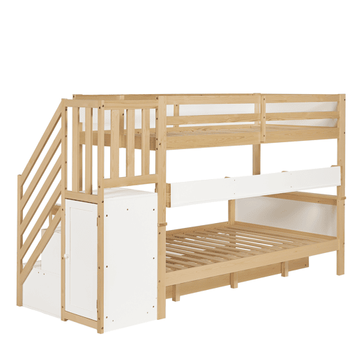 Beliche 90x200cm + 120x200cm + cama de rodízio 90x190cm - com prateleiras, roupeiro e escada de arrumação - em madeira de pinho e MDF - Branco e Natural