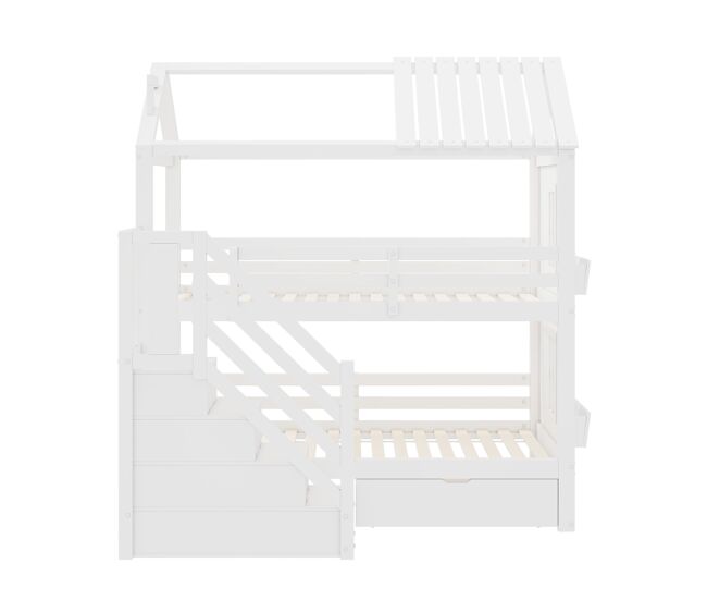 Litera infantil 90x200cm - con escalera de almacenaje + 2 cajones + estantes - en madera de pino y mdf - blanco