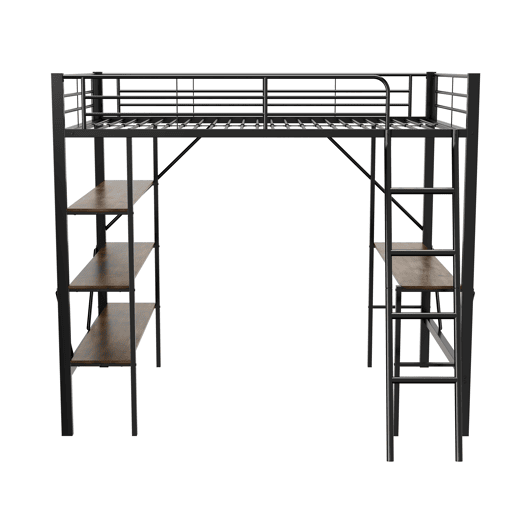 Cama mezzanine em ferro - 90x200 cm - com secretária e 3 prateleiras - Preto