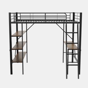 Cama mezzanine em ferro - 90x200 cm - com secretária e 3 prateleiras - Preto