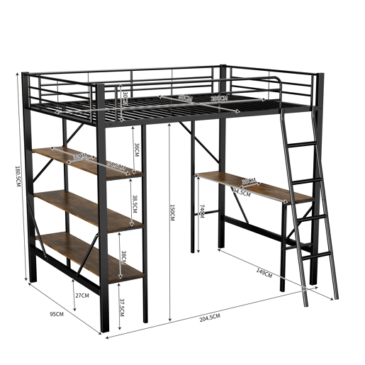 Cama mezzanine em ferro - 90x200 cm - com secretária e 3 prateleiras - Preto