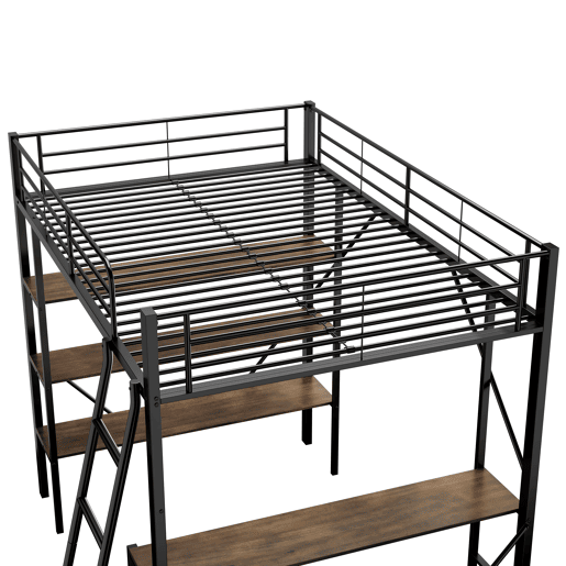 Cama mezzanine em ferro - 90x200 cm - com secretária e 3 prateleiras - Preto