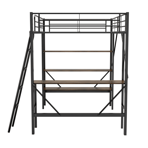 Cama mezzanine em ferro - 90x200 cm - com secretária e 3 prateleiras - Preto