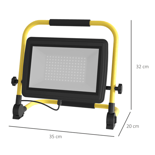 HOMCOM Projetor LED Recarregável com Cabeças e Suporte Ajustáveis 100W 8500 Lúmenes IP65 6500K Refletor LED Resistente à Intemperie Portátil com Pega para Interior e Exterior 35x20x32 cm Amarelo e Preto