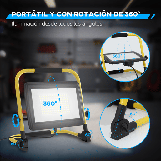 HOMCOM Projetor LED Recarregável com Cabeças e Suporte Ajustáveis 100W 8500 Lúmenes IP65 6500K Refletor LED Resistente à Intemperie Portátil com Pega para Interior e Exterior 35x20x32 cm Amarelo e Preto