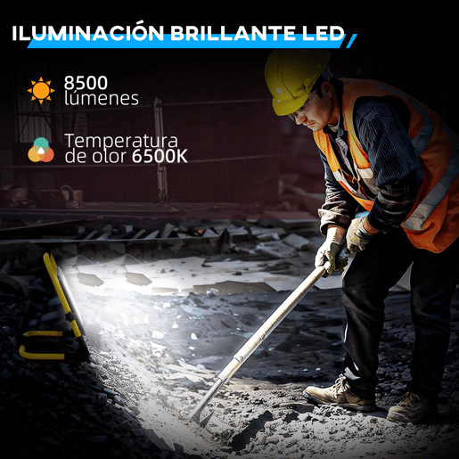 HOMCOM Projetor LED Recarregável com Cabeças e Suporte Ajustáveis 100W 8500 Lúmenes IP65 6500K Refletor LED Resistente à Intemperie Portátil com Pega para Interior e Exterior 35x20x32 cm Amarelo e Preto
