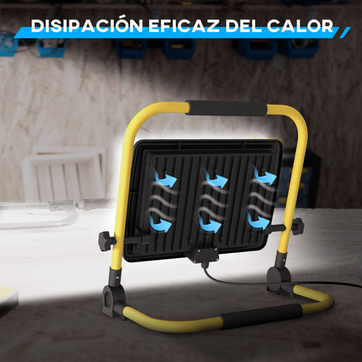 HOMCOM Projetor LED Recarregável com Cabeças e Suporte Ajustáveis 100W 8500 Lúmenes IP65 6500K Refletor LED Resistente à Intemperie Portátil com Pega para Interior e Exterior 35x20x32 cm Amarelo e Preto