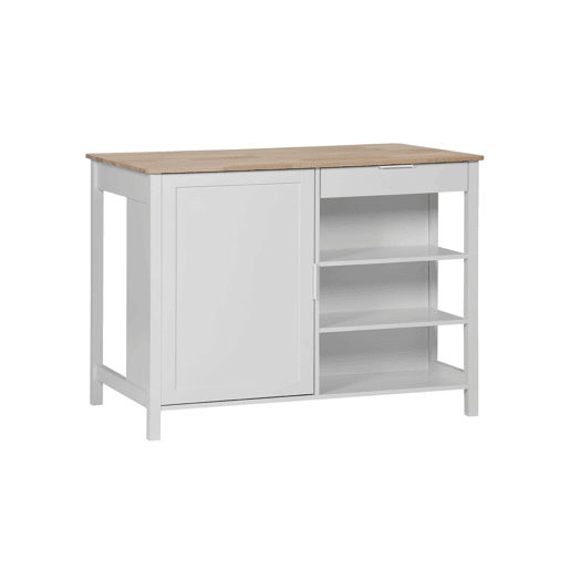 Ilha de cozinha 3 em 1, 5 prateleiras, 1 porta, 1 gaveta, Molene, Branco, 120x75x90 cm
