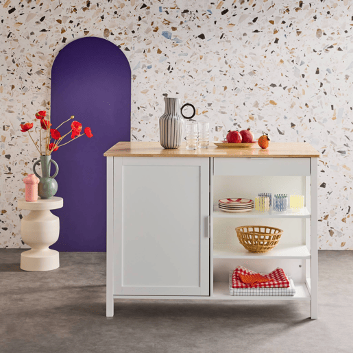 Ilha de cozinha 3 em 1, 5 prateleiras, 1 porta, 1 gaveta, Molene, Branco, 120x75x90 cm