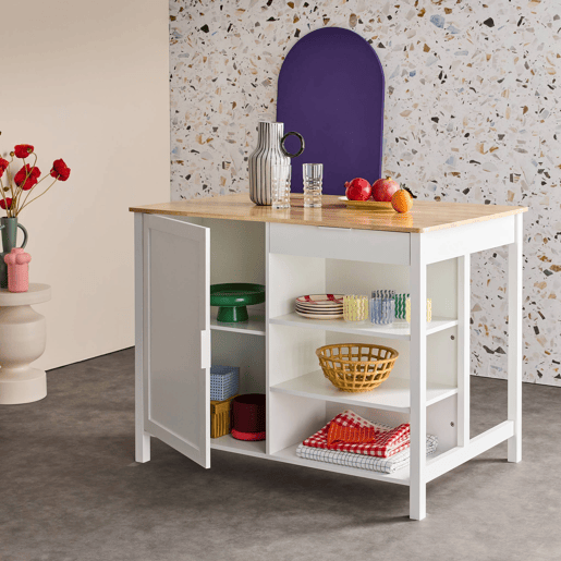Ilha de cozinha 3 em 1, 5 prateleiras, 1 porta, 1 gaveta, Molene, Branco, 120x75x90 cm