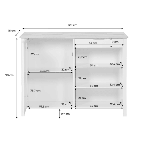 Ilha de cozinha 3 em 1, 5 prateleiras, 1 porta, 1 gaveta, Molene, Branco, 120x75x90 cm