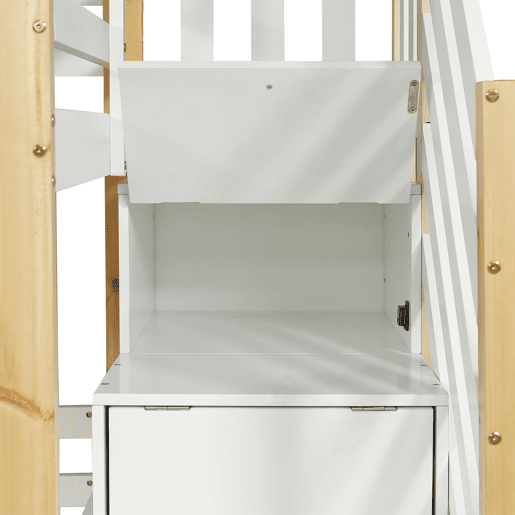Beliche em madeira de pinho e MDF - com escada de arrumação - 90x200 cm - Branco e Natural