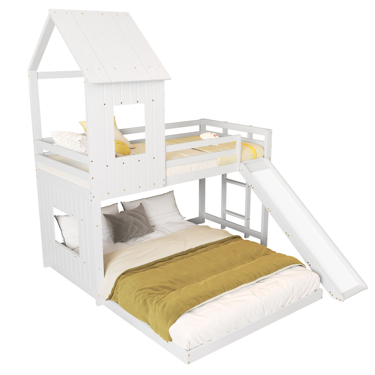 Litera cabaña infantil de madera de pino 90/140x200cm con tobogán,ventana,techo,escalera y protección contra caídas,blanco