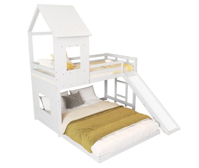 Litera cabaña infantil de madera de pino 90/140x200cm con tobogán,ventana,techo,escalera y protección contra caídas,blanco