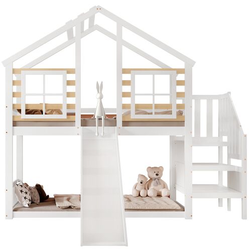 Litera cabaña infantil de madera maciza 90x200cm con tobogán,ventana,escalera con almacenaje y protección contra caídas,blanco