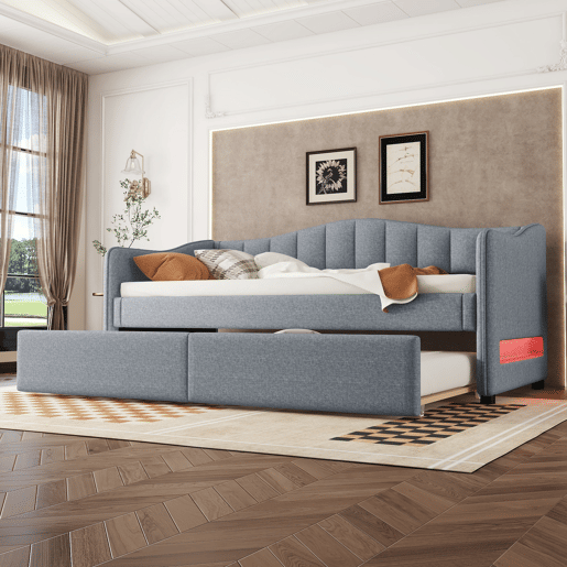 Cama divã com LED 90x200cm + cama com gavetão 90x190cm - estofo em tecido de linho - Cinzento (colchão não incluído)